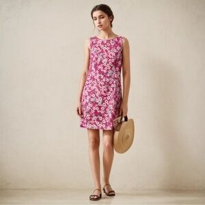 100% European Linen Print Temperament Sleeveless Dress Pink Size MP
